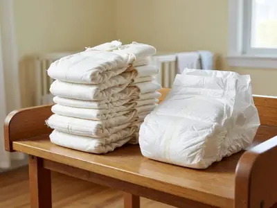 A changing table with a stack of cloth diapers beside a pack of plain disposable diapers.
