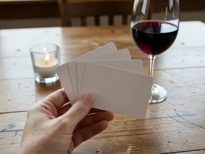 A hand holding a few blank gift cards fanned over a restaurant table.