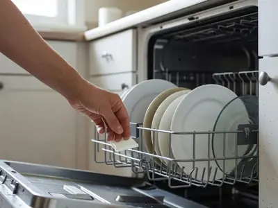 A hand placing a dishwasher pod into an open dishwasher door dispenser.