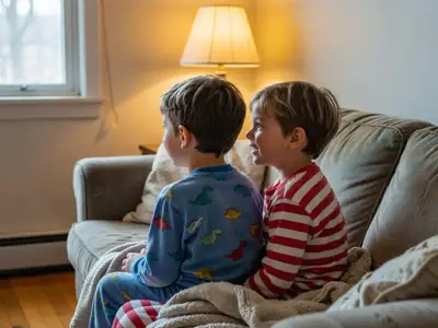 Two young kids in pyjamas watching a cartoon on a sofa, seen from behind.
