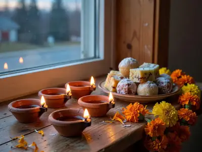 Clay diyas lit on a windowsill with a plate of homemade sweets.