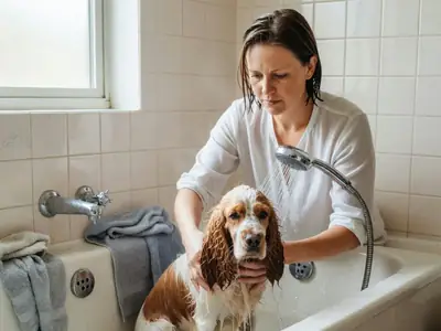 A woman bathing a wet, unimpressed spaniel in a bathtub at home.