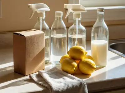 Plain glass spray bottles, a box of baking soda without printing, lemons and a bottle of vinegar on a counter.