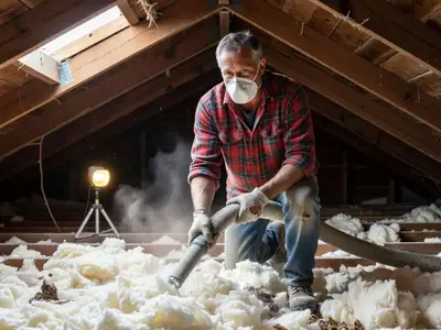 A man in a dust mask spreading blown-in insulation in an attic with a hose.