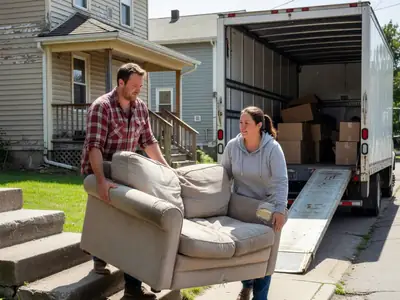 Two friends carrying a sofa down the front steps of a house towards a rented moving truck.