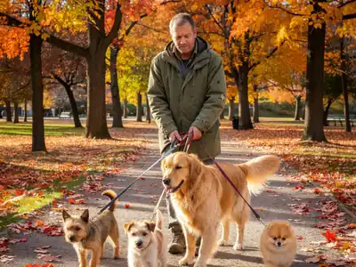 A dog walker walking four dogs of different sizes along a park path.