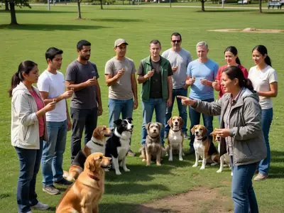 A group dog training class on a grassy field, owners holding treats as their dogs sit.