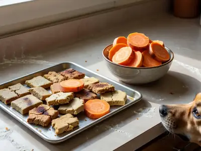Homemade dog treats cooling on a baking sheet beside a bowl of sweet potato slices.