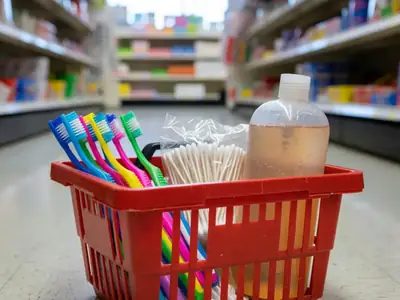 A dollar-store shopping basket with toothbrushes, cotton swabs and hand soap.