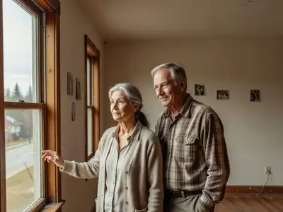 An older couple standing in the empty living room of their long-time family home, the woman resting her hand on a window frame.