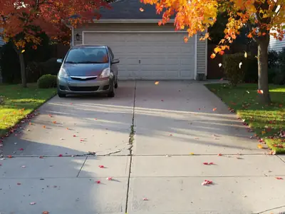 A suburban double driveway with a single small car parked and an empty space beside it.