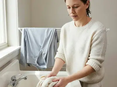 A woman hand-washing a wool sweater in a laundry sink with cool water.