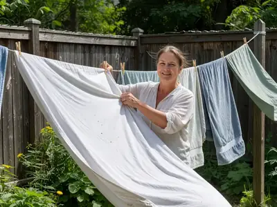 A woman pegging laundry on a backyard clothesline on a breezy sunny day.