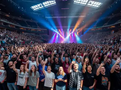 A large concert crowd in an arena under coloured lights.