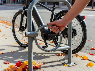 Hands locking an e-bike frame to a steel bike rack with a heavy U-lock.