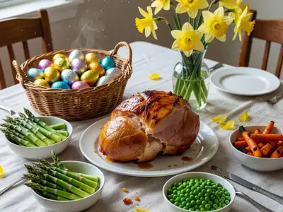 An Easter dinner table with a glazed ham, spring vegetables and a basket of chocolate eggs.