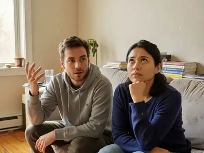 Two roommates on a couch comparing internet options, one gesturing while the other thinks.