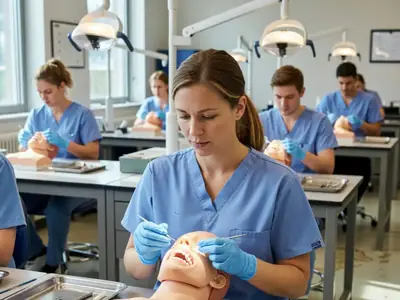 A woman in her thirties in a dental assistant training lab practising on a model.