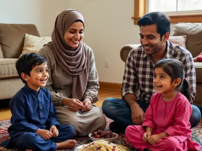 A family sharing a festive meal on a large rug for Eid, children in new clothes.