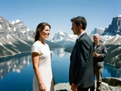 A couple eloping on a mountain lookout, the bride in a simple dress and the groom in a suit, with only an officiant present.
