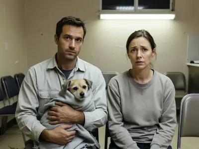 A worried couple at an emergency vet reception at night, the man holding a small dog wrapped in a blanket.