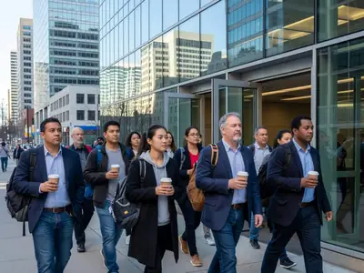 Office workers walking out of a subway station exit onto a downtown sidewalk in the morning.