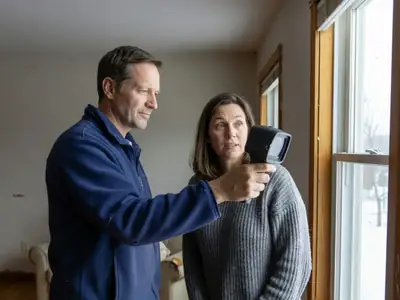 An energy advisor holding a small thermal camera pointed at a window frame while the homeowner looks on.