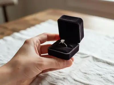 A hand holding an open ring box with a simple diamond engagement ring.
