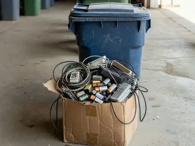 A cardboard box of old electronics, cables and batteries by a recycling depot bin.