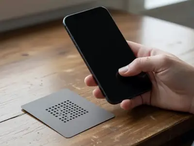 A hand holding a smartphone near a plain printed QR-like square pattern on a card, activating an eSIM.
