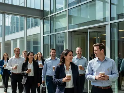 Employees walking into a modern office tower lobby in the morning with coffees, one woman smiling at a colleague.