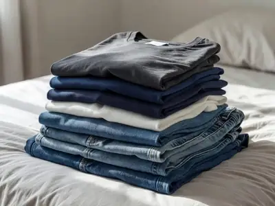 A neat stack of plain basic t-shirts and jeans folded on a bed in solid colours.