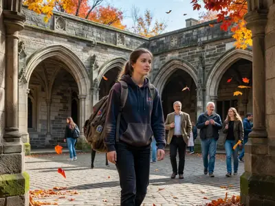 A Canadian student with a backpack walking through an old European university courtyard.