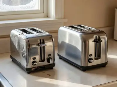 A broken toaster on a kitchen counter next to its new replacement.