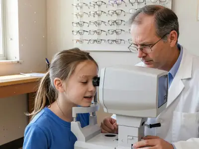 A young girl looking into an eye exam machine while an optometrist adjusts it.