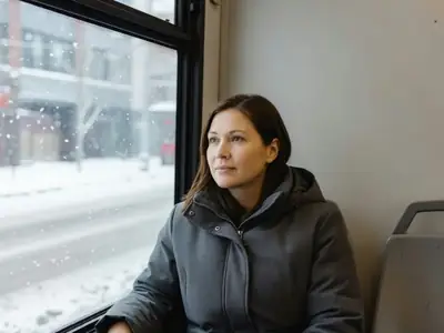 A woman in a winter coat sitting by the window on a city bus, looking out with a calm expression.