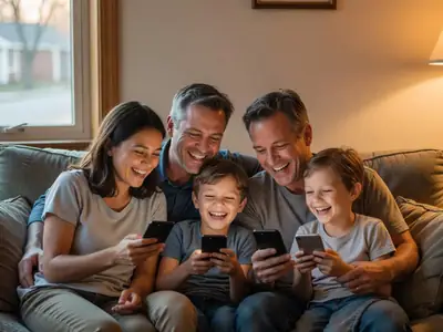 A family of four on a sofa each holding their own phone, laughing at something together.