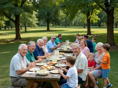 A big family reunion picnic in a park with several generations at long tables.