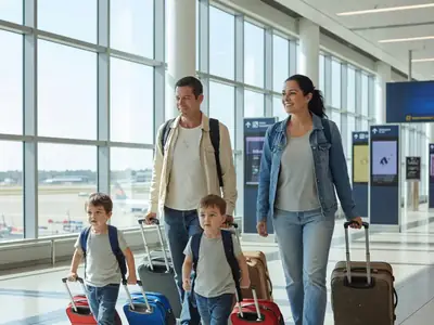 A family of four with suitcases walking through an airport terminal, the kids pulling small bags.
