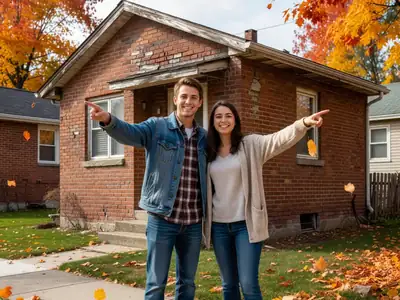 A young couple standing on the sidewalk in front of a small brick house, pointing at it and imagining owning it.