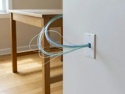 A bundle of thin fibre-optic cables entering a white wall plate behind a desk.
