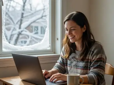 A woman in her thirties at a small home desk closing her laptop with a relieved smile, a mug of tea beside it.