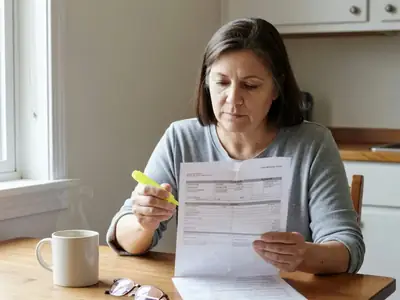 A woman at her kitchen table going through a printed credit card statement with a highlighter.