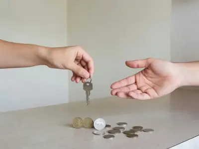 A hand passing a single set of apartment keys across a kitchen counter to another hand.