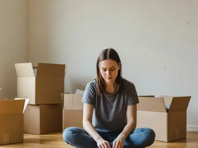 A young woman sitting on the floor of her new empty apartment plugging in a modem.
