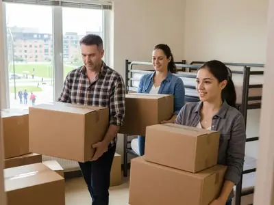 Parents helping their daughter carry boxes into a university residence room.