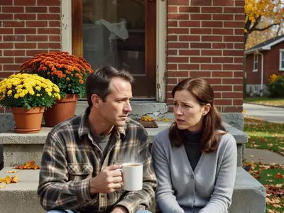 A couple in their thirties sitting on their front steps talking seriously, the man holding a mug.