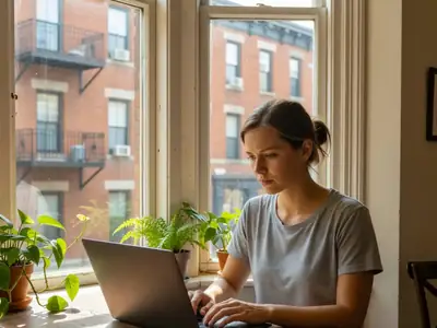 A young woman working on her laptop at a café-style counter in her Montréal apartment.