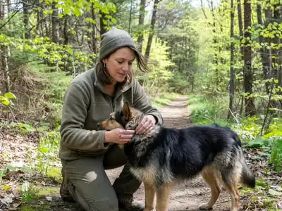 A woman checking her dog's fur for ticks after a hike, parting the coat with her fingers.