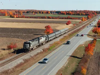 A passenger train crossing a rural landscape alongside a highway with a few cars.
